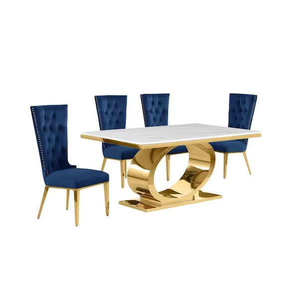 Best Quality Furniture Ibraim 5-Piece Rectangle White Marble Top With Gold Stainless Steel Base Dining Set With 4 Navy Blue Velvet Fabric Chair