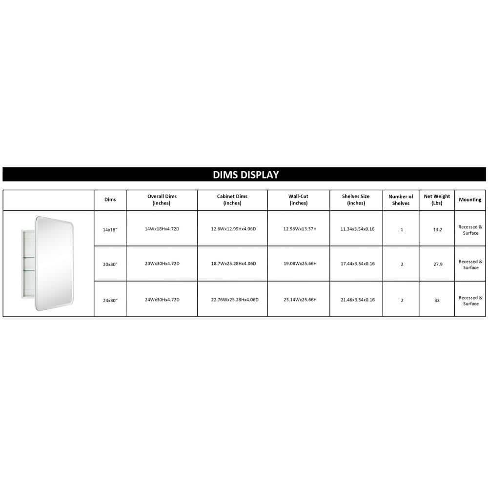 White Frameless Rectangular Medicine Cabinet with Mirror, 20 x 30 inches