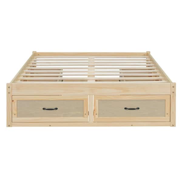 Rustic Antique Beige Wood Frame Full Platform Bed with 6 Storage Drawers