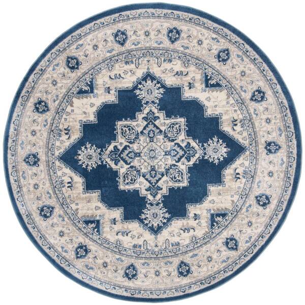 SAFAVIEH Brentwood Navy/Cream 7 ft. x 7 ft. Floral Medallion Border Round Area Rug