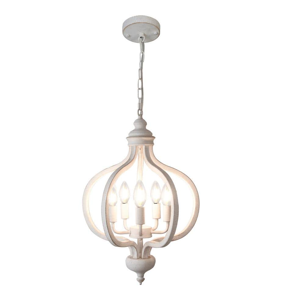 5 - Light Dimmable Antique Distressed White Rustic French Country Chandelie