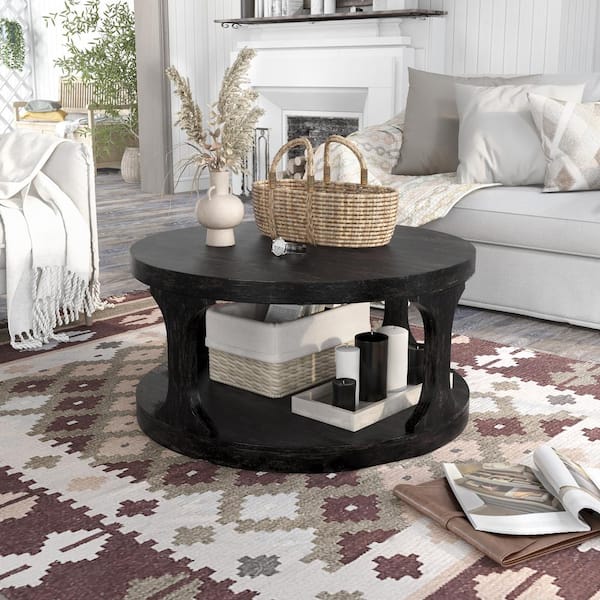 Furniture of America Tallia 36 in. Black Round Wood Top Coffee Table with Shelf