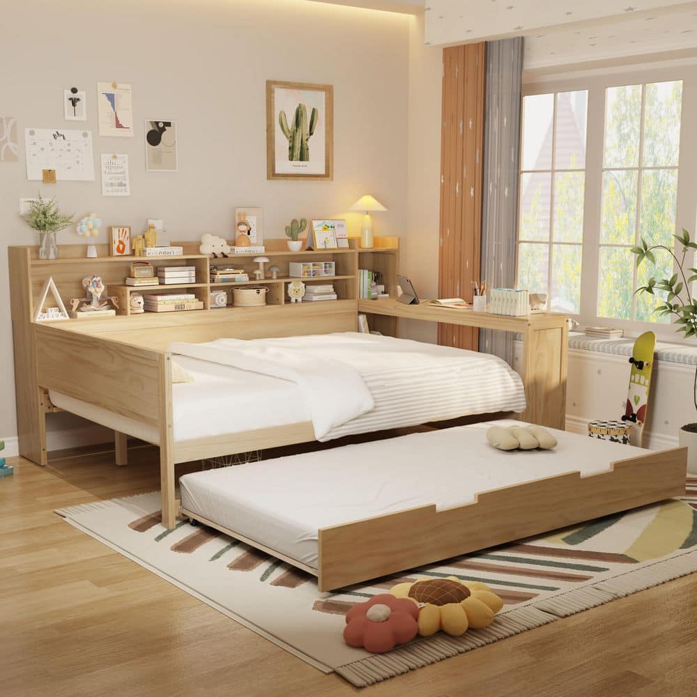 Natural Full Size Multi-Functional Wood Daybed with Study Desk and Twin Size Trundle Bed, image size:1000x1000
