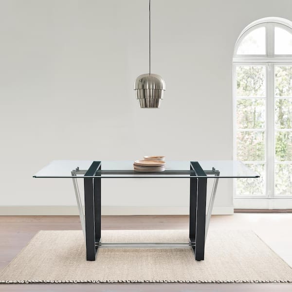 Armen Living Kai Stainless Steel and Black Glass Top 72 in. Trestle Base Dining Table Seats 6