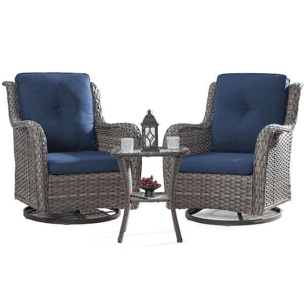 JOYSIDE - 3-Piece Wicker Swivel Outdoor Rocking Chairs Patio Conversation Set with Blue Cushions