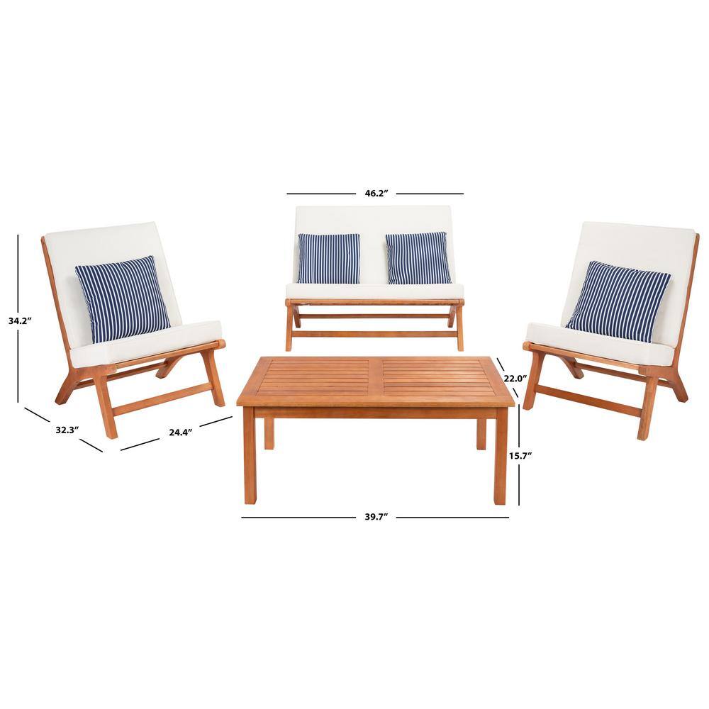 Natural Wood 4-Piece Patio Set with Beige Cushions and Navy Striped Pillows
