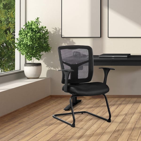 ProGrid Fabric Lumbar Support Ergonomic Visitor's Chair in Dillon Black with Arms and Mesh Back and Sled Base