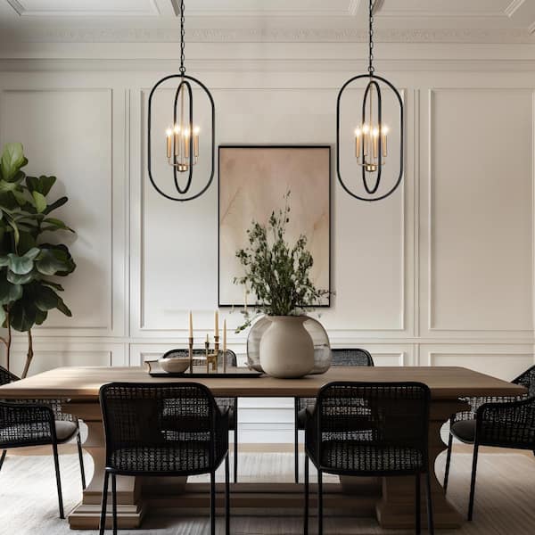 4-Light Farmhouse Lantern Dark Gold Dining Room Chandelier, Mid-Century Modern Chandelier, Black Cage Pendant Light