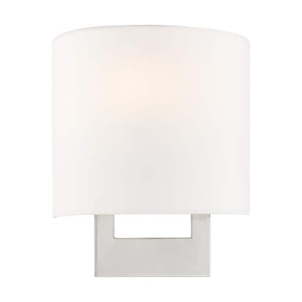 AVIANCE LIGHTING Layton 8 in. 1-Light Brushed Nickel ADA Wall Sconce with Off-White Fabric Shade