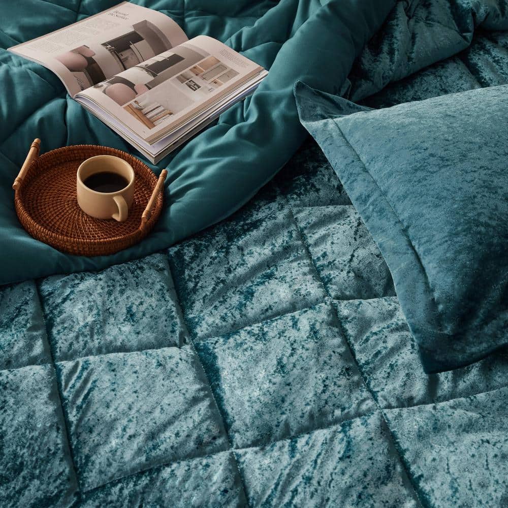 Teal Velvet Diamond Quilted Twin Duvet Cover Set