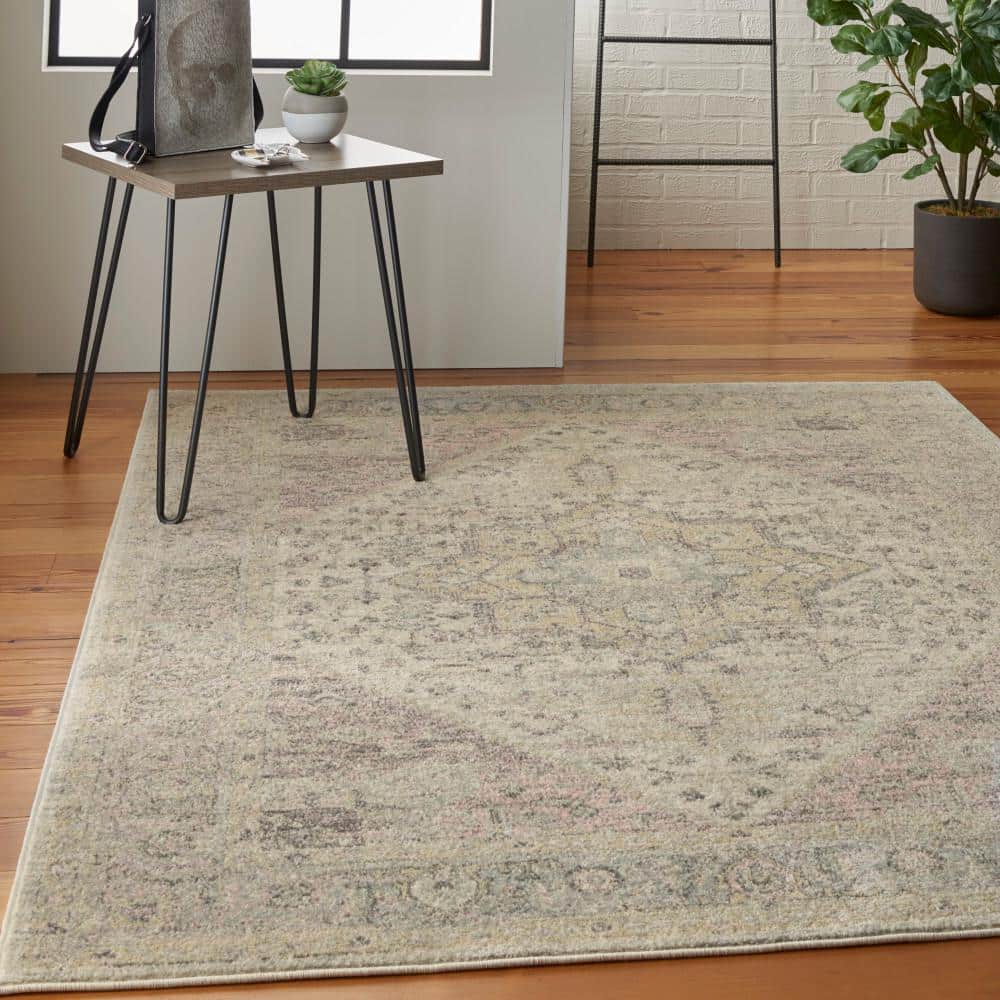 Ivory and Pink Synthetic Rectangular 6' x 9' Area Rug