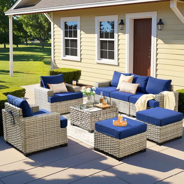 HOOOWOOO Merritt 8-Piece Wicker Outdoor Furniture Patio Conversation Sofa Seating Set with a LED Table and Navy Blue Cushions