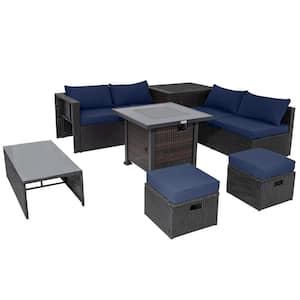 9-Piece Wicker Patio Sectional Seating Set with 32 in. Fire Pit Table and Navy Cushions