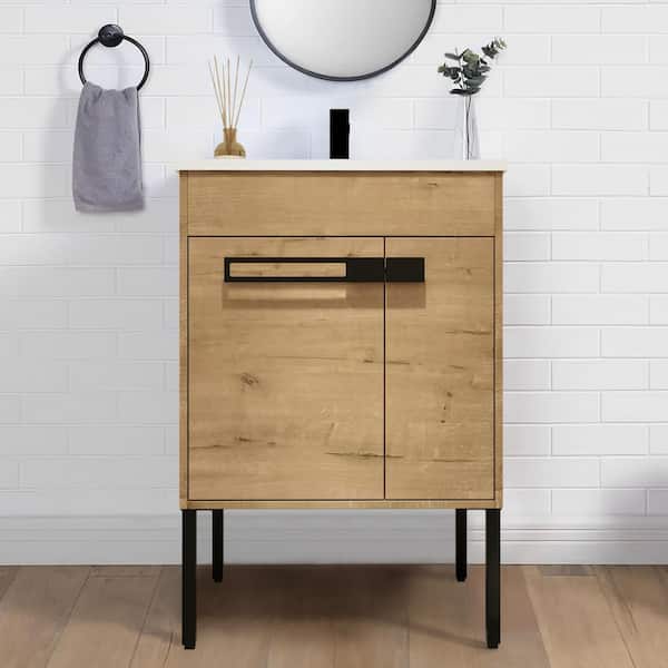 Unbranded 24 in. W x 18 in. D x 35 in. H Freestanding or Floating Bath Vanity in Imitative Oak with White Ceramic Top