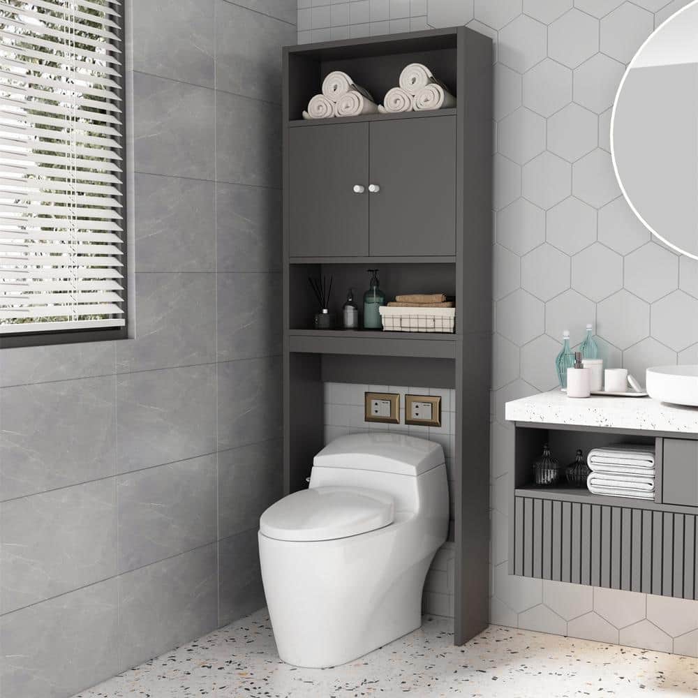 Trijal Metal & MDF Wood Over-the-Toilet Storage, Over Toilet Storage Cabinet with Barn Doors Gracie Oaks Finish: Gray