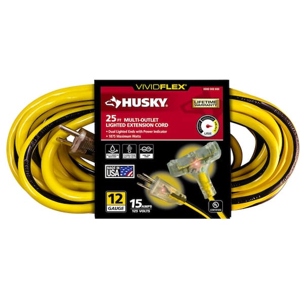 Husky VividFlex 25 ft. 12/3 Heavy Duty Indoor/Outdoor Triple Tap Extension Cord with Lighted Ends, Yellow