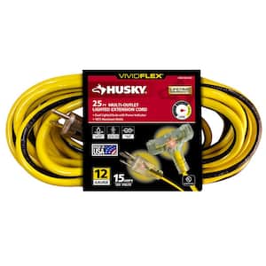VividFlex 25 ft. 12/3 Heavy Duty Indoor/Outdoor Triple Tap Extension Cord with Lighted Ends, Yellow