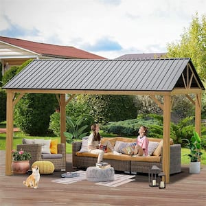 12 ft. x 14 ft. Brown Aluminum Frame Patio Gazebo Canopy Shelter with Galvanized Steel Hardtop Roof for Deck Backyard
