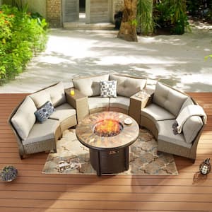 9-Piece Wicker Patio Fire Pit Seating Set with Gray Cushions