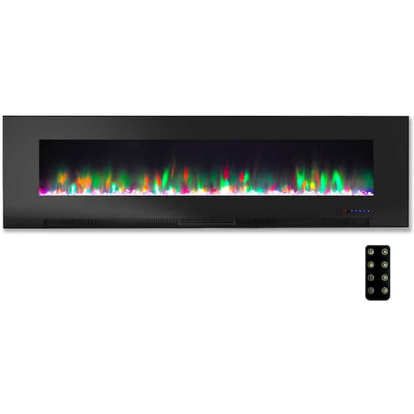 60 in. Wall-Mount Electric Fireplace in Black with Multi-Color Flames and Crystal Rock Display