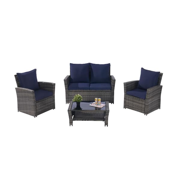 Zeus & Ruta Gray 4-Piece Rattan Wicker Patio Conversation Set with Tempered Glass Coffee Table and Blue Cushions for Poolside, Lawn