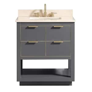Allie 31 in. W x 22 in. D Bath Vanity in Gray with Gold Trim with Marble Vanity Top in Crema Marfil with Basin
