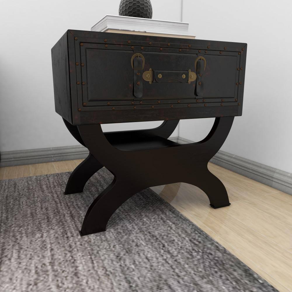 Vintage Brown Faux Leather Single Drawer Accent Table