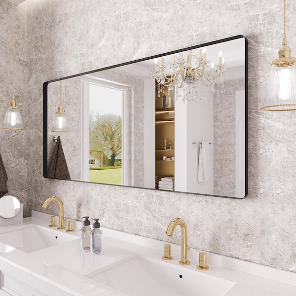 77 in. W x 36 in. H Rounded Rectangle Framed Wall Bathroom Vanity Mirror in Matte Black