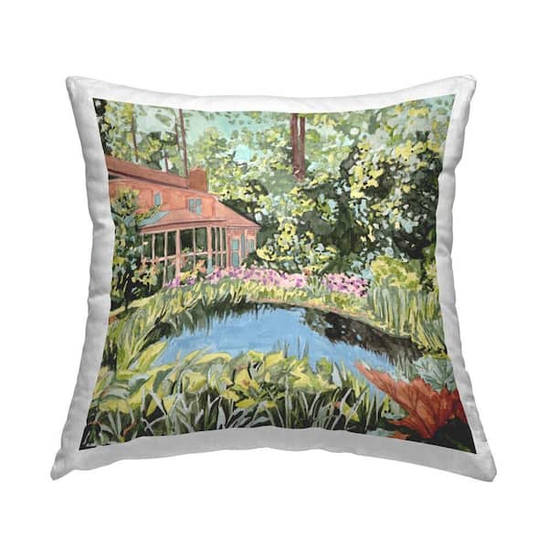 Cottage with Garden Pond Green Floral Polyester 18 in. x 18 in. Throw Pillow