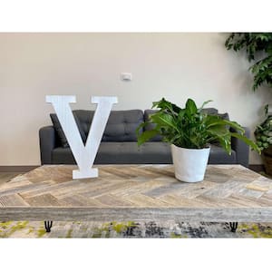 Victoria 16 in. Distressed White Wash Wooden Initial Letter V Sculpture