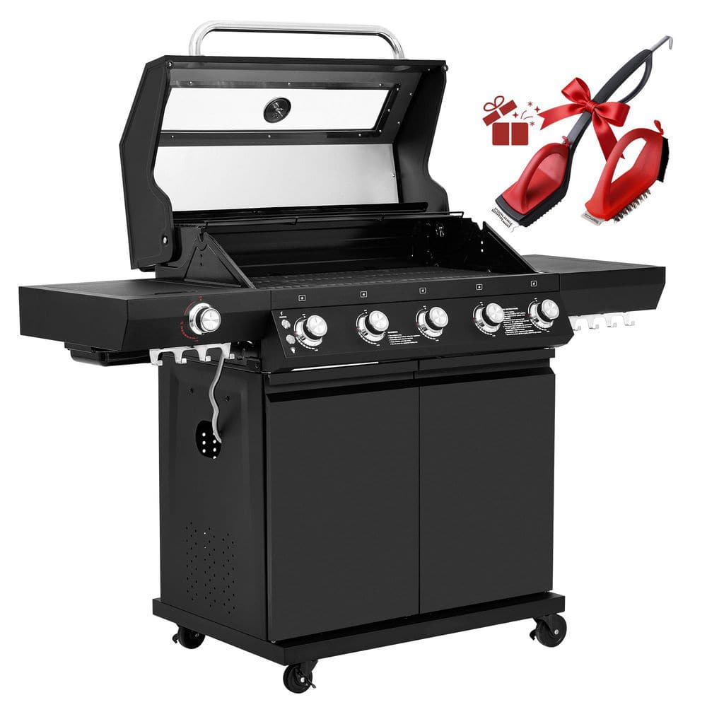 5-Burner Gas Grill, With Infrared Side Burner, 72,000 BTU, Visible Upper Cover, Electronic Ignitor, Black