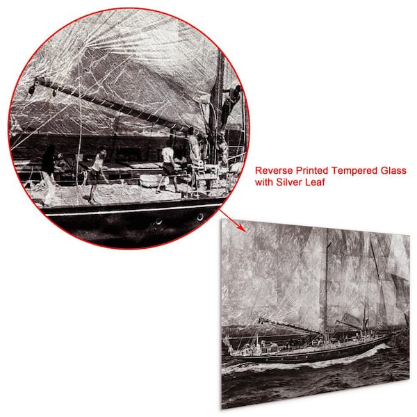 Unframed Travel Beach and Nautical Sailboat Reverse Printed on Tempered Glass with Silver Leaf Wall Art 32 in. x 48 in.