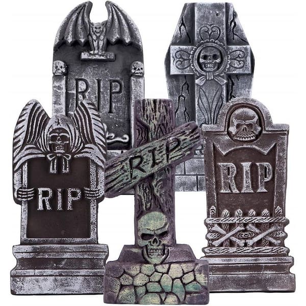 Black 17 in. Foam Tombstones with RIP Design and Metal Stakes for Halloween Graveyard Decor (5-Pack)