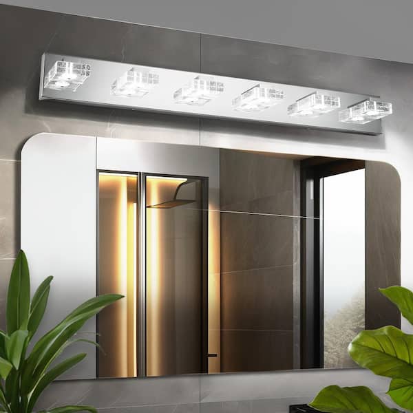 38in. 6 Lights Chrome LED Vanity Light, Square Acrylic Shades, Wall Mounted Bathroom Lighting Fixture for Mirror