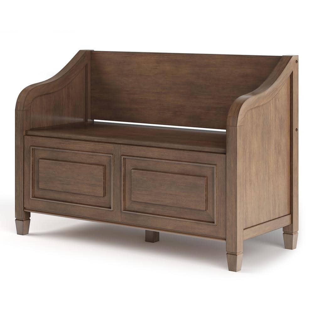 Rustic Natural Aged Brown Pine Storage Bench with Cut Out Design