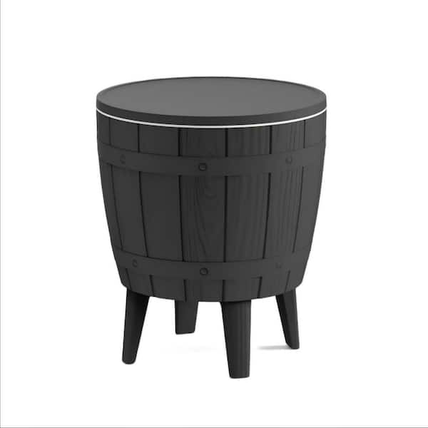 10 qt. Resin Ice Bucket and Beverage Cooler, UV Protection Patio Cooler Table, Wood Look Side Table in Black for Patio
