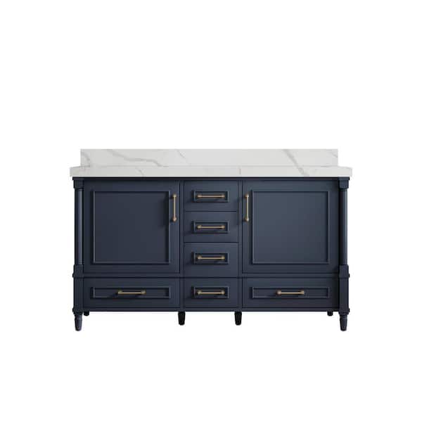 Willow Collections Hudson 60 in. W x 22 in. D x 36 in. H Double Sink Bath Vanity in Hale Navy Blue with 2 in Calacatta Quartz Top