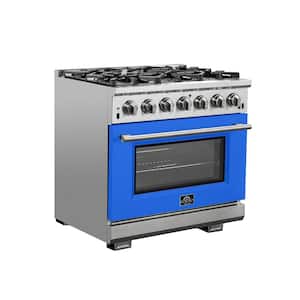 Capriasca 36 in. 5.36 cu. ft. Gas Range with 6 Gas Burners Oven in. Stainless Steel with Blue Door