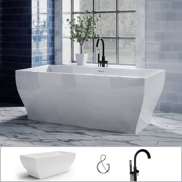 PELHAM & WHITE Manchester 63 in. Acrylic Angled Rectangle Freestanding Bathtub in White, Floor-Mount Single-Post Faucet in Matte Black