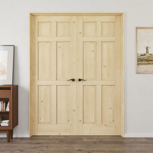 56 in. x 80 in. Universal 6-Panel Solid Core Unfinished Pine Wood Assembly Required Double Interior Door with Jamb