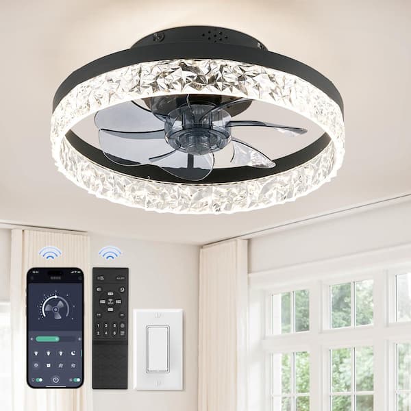 15.7 in. Dimmable LED Indoor Matte Black Diamond Small Flush Mount Ceiling Fan with Light Kit and Remote Included