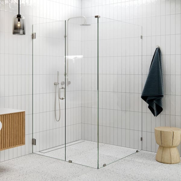 46 in. W x 45.5 in. D x 78 in. H Pivot Frameless Corner Shower Enclosure in Brushed Nickel Finish with Clear Glass