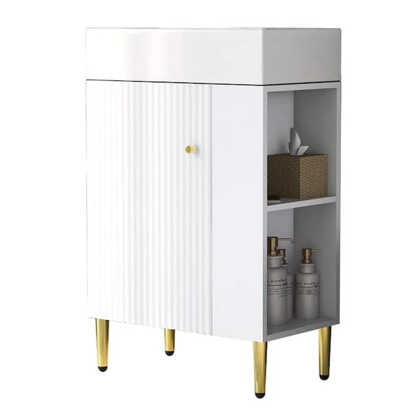 MYCASS 22 in. W x 13 in. D x 34 in. H Right Side Storge Bathroom Vanity in White with Golden Handle and White Ceramic Sink Top