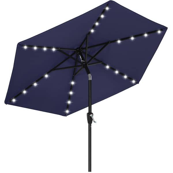 7.5 ft. Market Tilt Outdoor Patio Umbrella with Solar LED Lights and UV-Resistant Fabric in Navy Blue