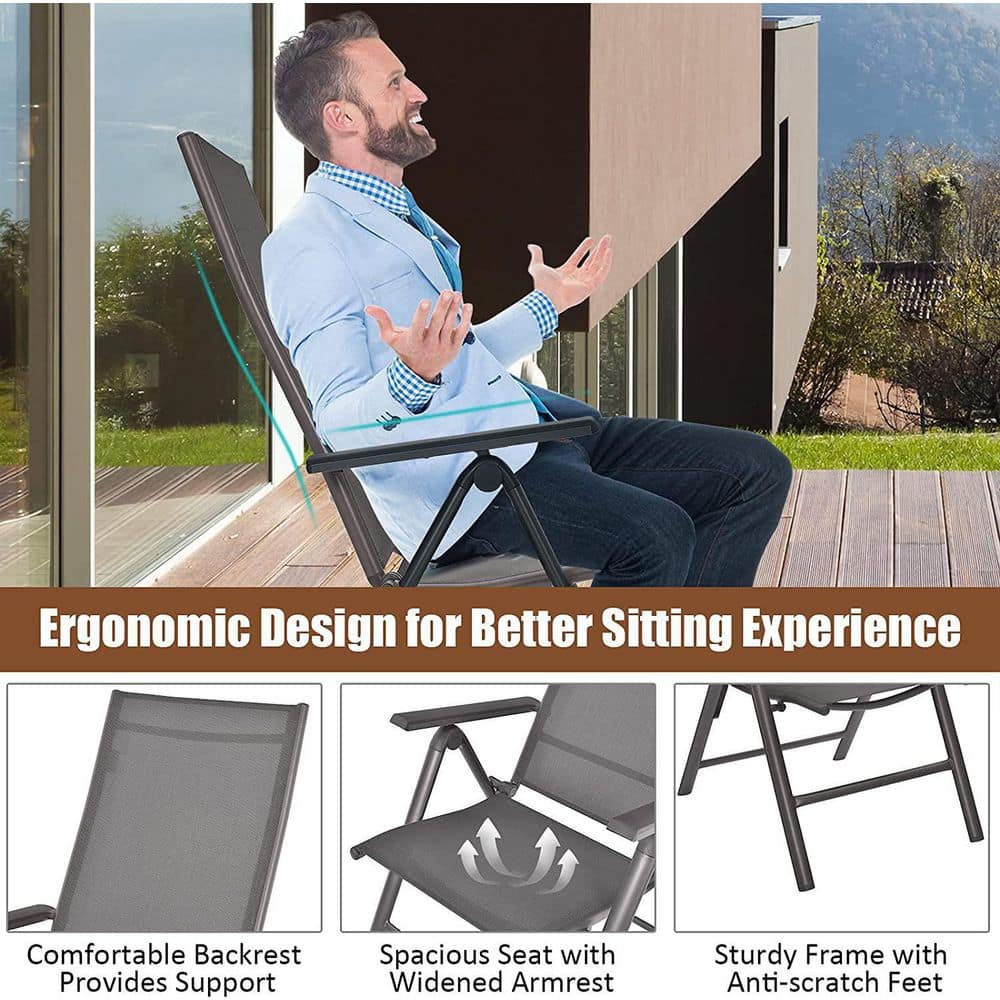 Gray Aluminum Folding Dining Chairs with Adjustable Reclining Backrest, Set of 2