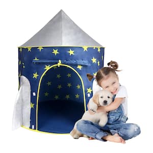 Blue Foldable Pop-Up Kids Play Tent, Kids Tent Rocket Spaceship, Space Theme