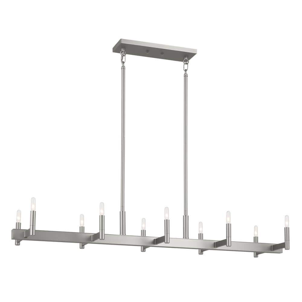 KICHLER Erzo 50 in. 10-Light Satin Nickel Mid-Century Modern Candle Linear Chandelier for Dining Room