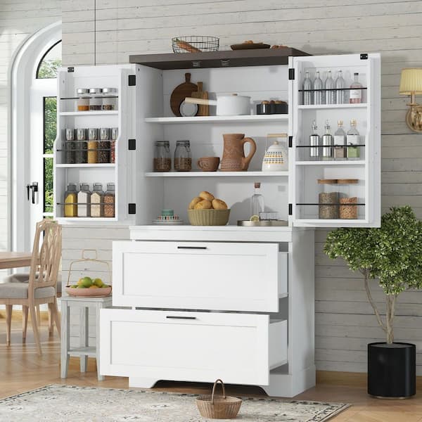White 61.7 in. H Modern X Wooden Cabinet with Storage Partitions, 2 Drawers for Living Room Entryway