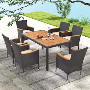 7-Piece Acacia Wood Rectangle 29.5 in. Outdoor Dining Set with Cushions Beige