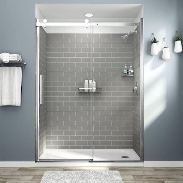 Passage 60 in. x 72 in. 2-Piece Glue-Up Alcove Shower Wall and Base Kit with Right Hand Drain in Gray Subway Tile